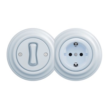 Kliklap - Retro-tyylinen yksinapainen kytkin nro 1 ja SCHUKO-pistorasia 230 V kehyksellä, sininen