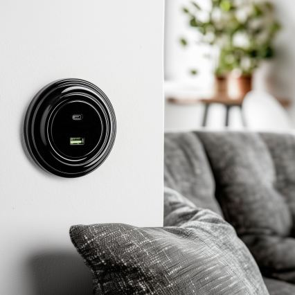 Kliklap - Retro USB-pistorasia A+C kehyksellä, musta