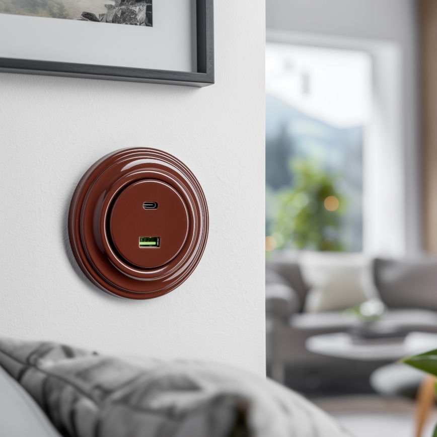 Kliklap - Retro USB-pistorasia A+C ruskealla kehyksellä