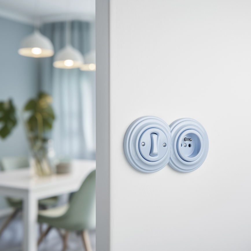 Kliklap - Retro-yksinapainen katkaisija nro 1 ja 230 V pistorasia kehyksellä, sininen