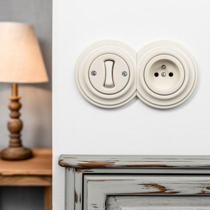 Kliklap - Retro yksinapainen kytkin n:o 1 ja 230 V pistorasia kehyksellä, beige