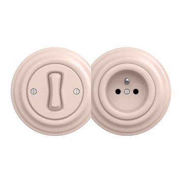 Kliklap - Retro yksinapainen kytkin nro 1 ja 230 V pistorasia kehyksellä, antiikkiroosa