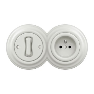 Kliklap - Retro-yksinapainen kytkin nro 1 ja 230 V pistorasia kehyksellä, keraaminen valkoinen