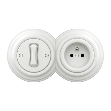 Kliklap - Retro yksinapainen kytkin nro 1 ja 230 V pistorasia kehyksellä, lumivalkoinen
