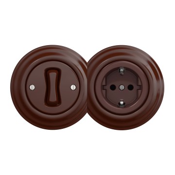 Kliklap - Retro yksinapainen kytkin nro 1 ja SCHUKO 230 V -pistorasia kehyksellä, ruskea