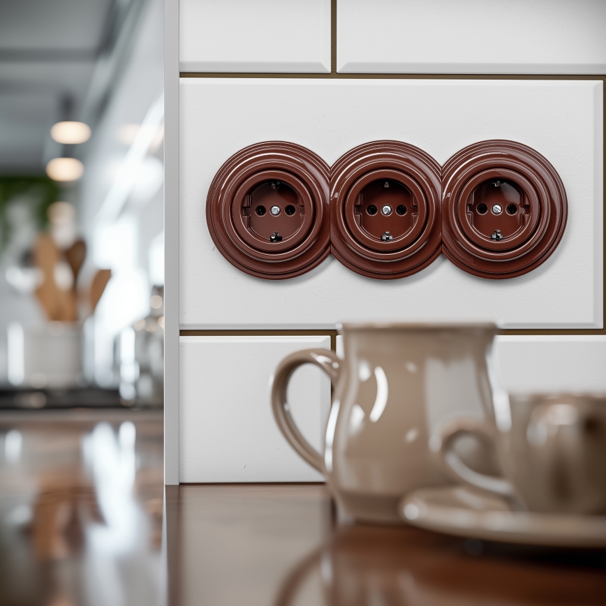 Kliklap - Retrotyylinen kolmoispistorasia kotikäyttöön, kehys, SCHUKO 230V, ruskea