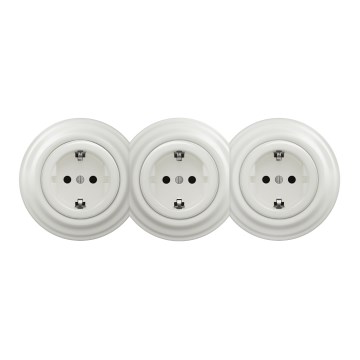 Kliklap – retrotyylinen kolmoispistorasia SCHUKO-kehyksellä, 230 V, valkoinen