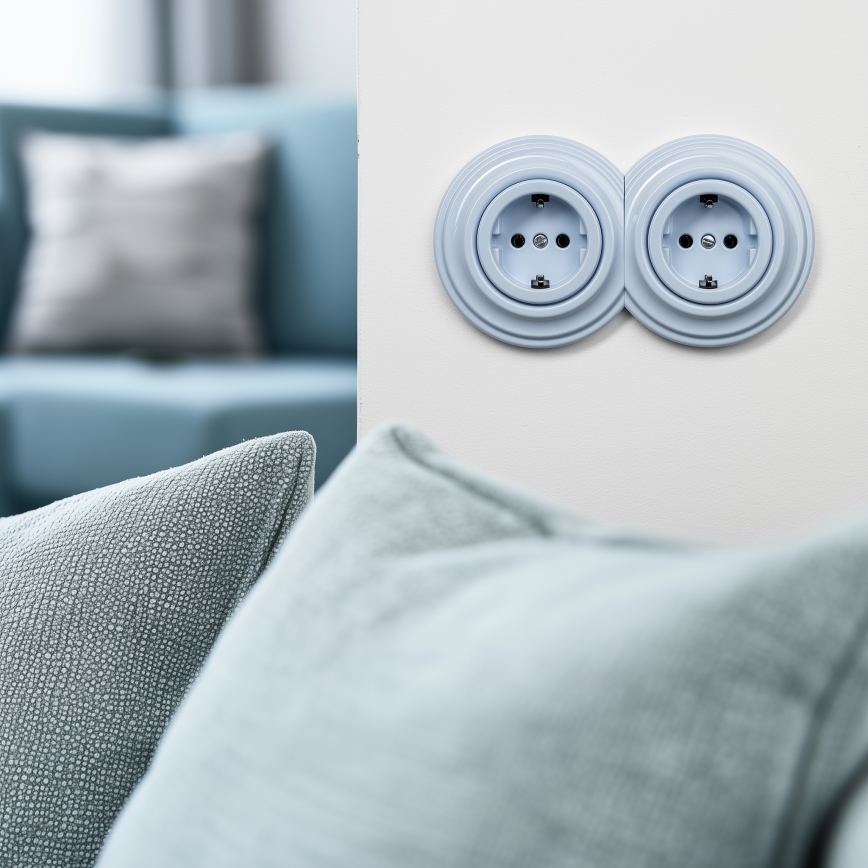 Kliklap - Retrotyylinen tuplapistorasia kotikäyttöön, kehyksellä, SCHUKO 230V, sininen