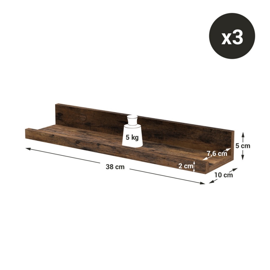 Kolmen seinähyllyn setti SHELFY 38x5x10 cm, ruskea