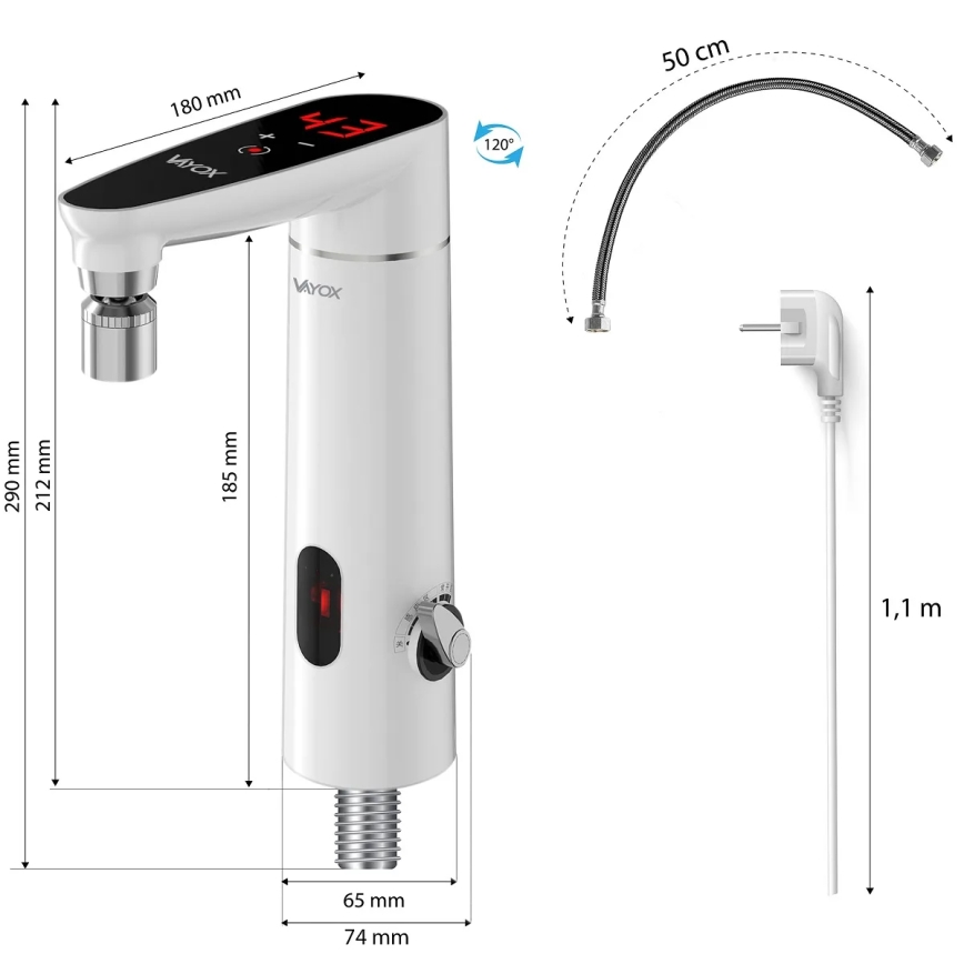 Kosketusvirtainen vedenlämmitin anturilla ja LED-näytöllä 3000W/230V IPX4 valkoinen