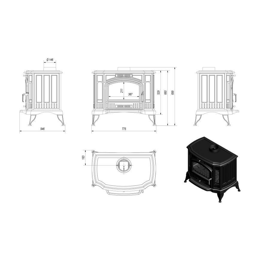 Kratki - Valurautainen takkauuni 10 kW 150 mm