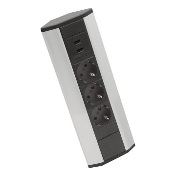 Kulmapistorasiapylväs 3x230V + 2xUSB-A musta/hopea