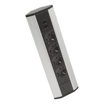 Kulmapistorasiapylväs 4x230V + 2xUSB-A musta/hopea