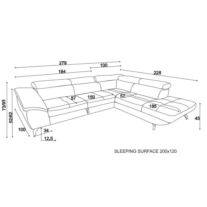 Kulmasohva, jossa säilytystila ja L-mallinen muoto, BRESCIA oikea, harmaa