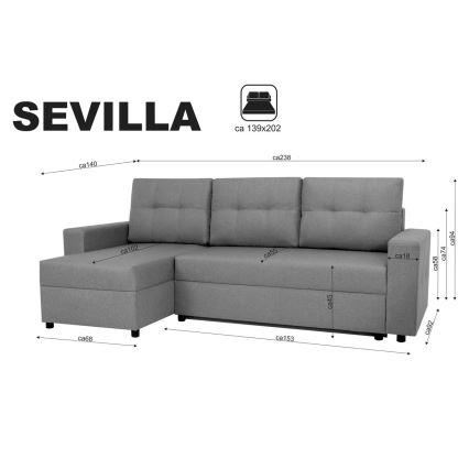 Monikäyttöinen kulmasohva nukkumistoiminnolla ja säilytystilalla SEVILLA antrasiitti