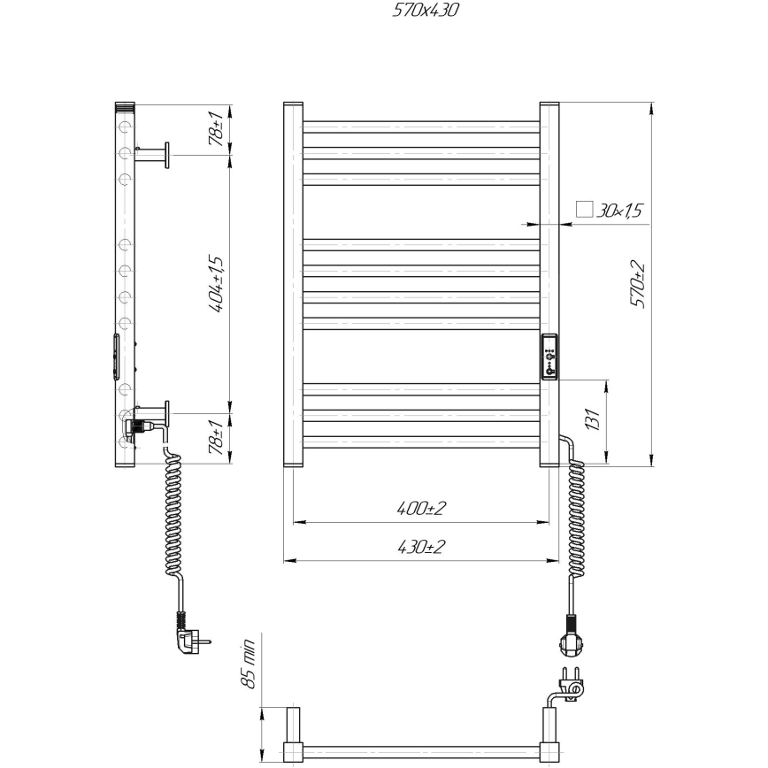 Kylpyhuoneen pyyhekuivain HF DERBY 100W/230V 57x43 cm valkoinen oikeanpuoleinen