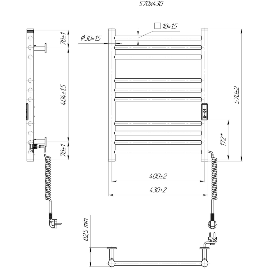 Kylpyhuoneen pyyhekuivain HF GREENWICH 100W/230V 57x43 cm musta oikeanpuoleinen pyöreä