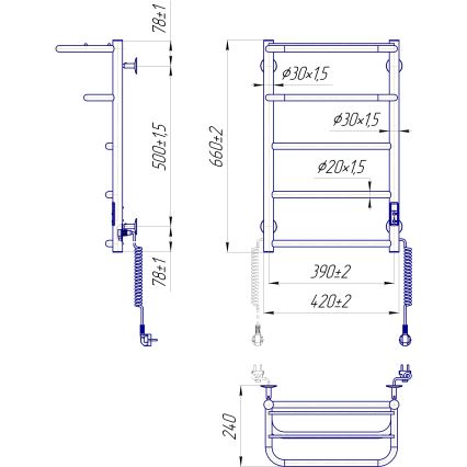 Kylpyhuoneen pyyhekuivain HOTEL 75W/230V 66x42 cm ruostumaton teräs/valkoinen oikeanpuoleinen