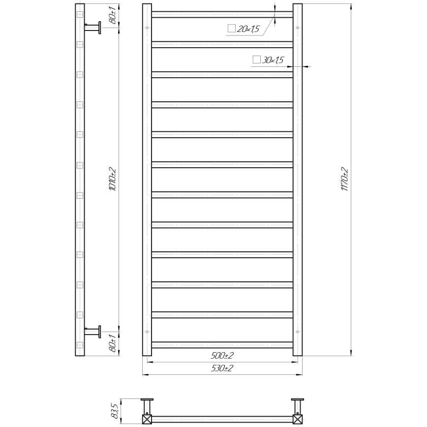 Kylpyhuoneen pyyhekuivain INOX TOKIO 233W/230V 117x53 cm ruostumaton teräs/musta