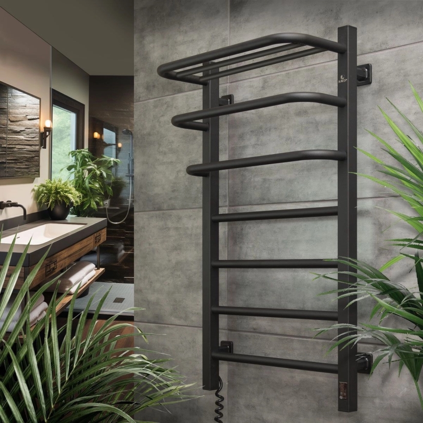 FORTIS kylpyhuoneen sähköinen pyyhekuivain termostaatilla 350W/230V 80,6 cm IP44 musta vasen