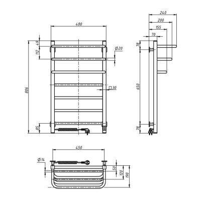 FORTIS kylpyhuoneen sähköinen pyyhekuivain termostaatilla 350W/230V 80,6 cm IP44 musta vasen