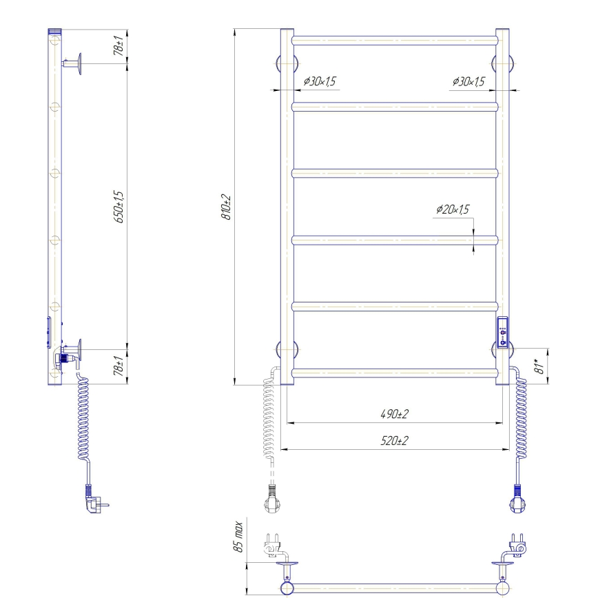 Kylpyhuoneen tikasmainen pyyhekuivain CLASSIC 110W/230V 81x52 cm ruostumaton teräs/antrasiitti oikeakätinen