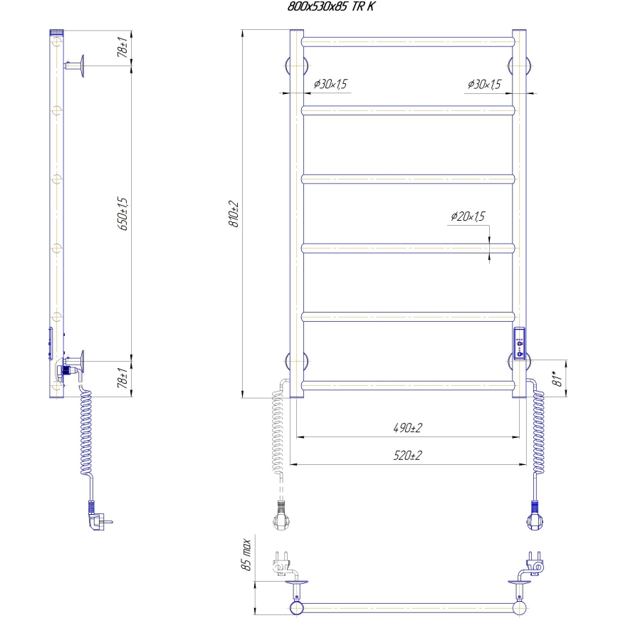 Kylpyhuoneen tikasmainen pyyhekuivain CLASSIC 110W/230V 81x52 cm ruostumaton teräs/valkoinen, oikea