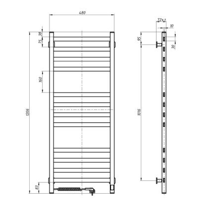 Kylpyhuoneen tikasmainen pyyhekuivain termostaatilla AVANGARD 227 W 120 x 48 cm, musta, vasen
