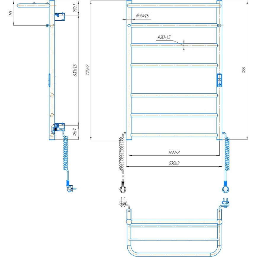 Kylpyhuoneen tikaspyyhekuivain HOME 95W/230V 77x53 cm ruostumaton teräs/kromi oikea