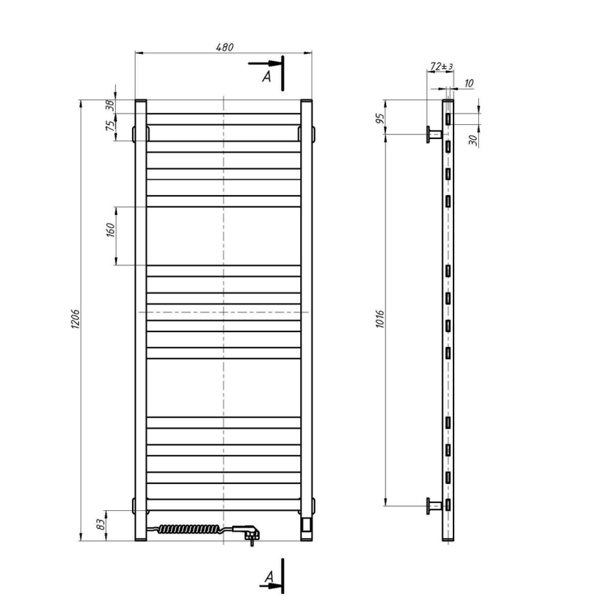 Kylpyhuoneen tikasradiatori termostaatilla AVANGARD 227W 120x48cm valkoinen, vasen