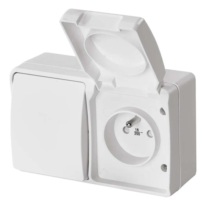 Kytkin kotitalouskäyttöön vaihtovirtakytkin nro 6 pistorasialla 250V/16A IP44 valkoinen