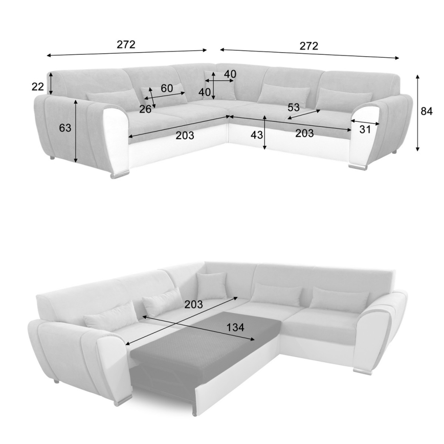L-mallinen, vasenkätinen VISEU-vuodesohva säilytystilalla, harmaa/valkoinen
