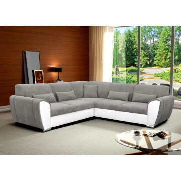 L-muotoinen, oikeanpuoleinen vuoteeksi muutettava kulmasohva säilytystilalla VISEU, harmaa/valkoinen