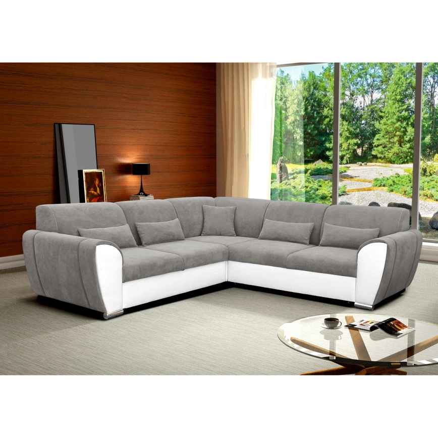 L-muotoinen, oikeanpuoleinen vuoteeksi muutettava kulmasohva säilytystilalla VISEU, harmaa/valkoinen