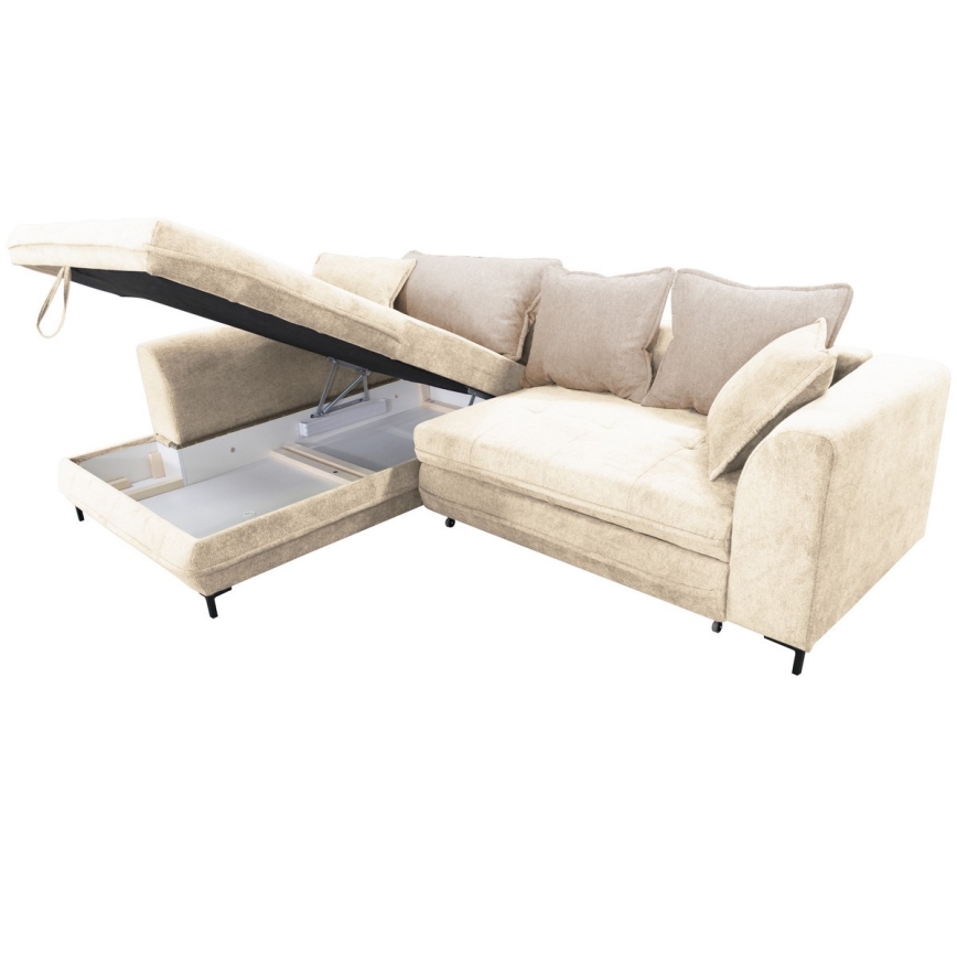LAGOA vasenkätinen L-mallinen levitettävä kulmasohva säilytystilalla, beige/ruskea