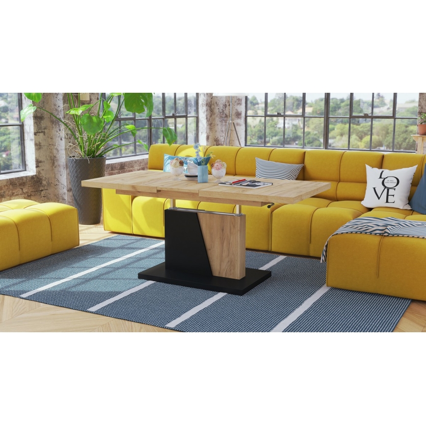 Laajennettava sohva-/ruokapöytä nostettavalla kannella NINO tammi craft/musta