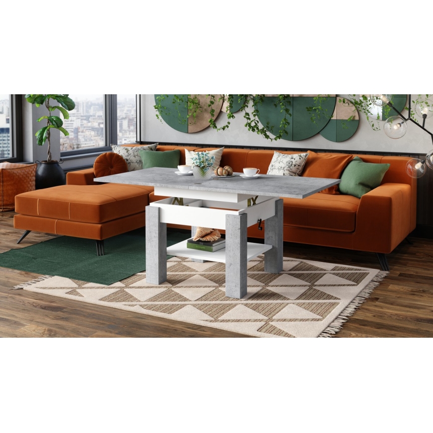 Laajennettava sohva-/ruokapöytä nostettavalla pöytälevyllä CALEB betoninharmaa/valkoinen