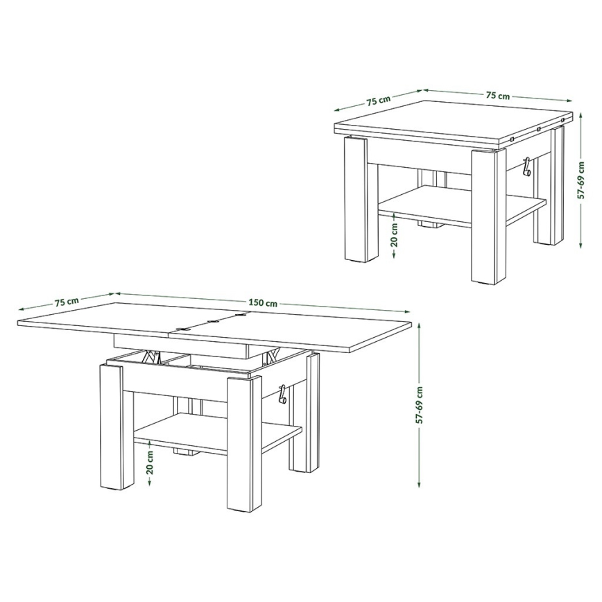 Laajennettava sohva-/ruokapöytä nostettavalla pöytälevyllä CALEB betoninharmaa/valkoinen