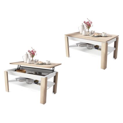 Laajennettava sohvapöytä nousevalla pöytälevyllä ja hyllyllä ADEN sonoma-tammi/valkoinen