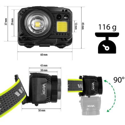 LED himmennettävä ladattava otsalamppu anturilla ja punaisella valolla LED/6W/5V/3xAAA IP66 500 lm 1200 mAh