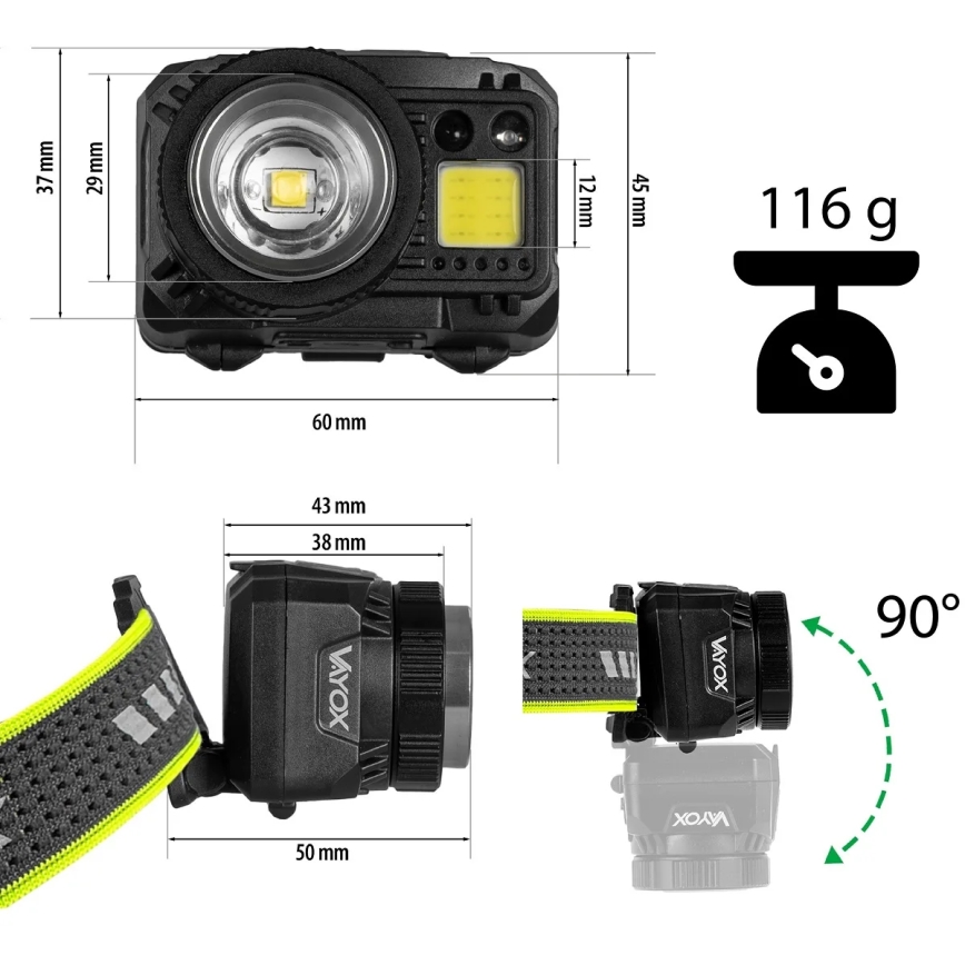 LED himmennettävä ladattava otsalamppu anturilla ja punaisella valolla LED/6W/5V/3xAAA IP66 500 lm 1200 mAh