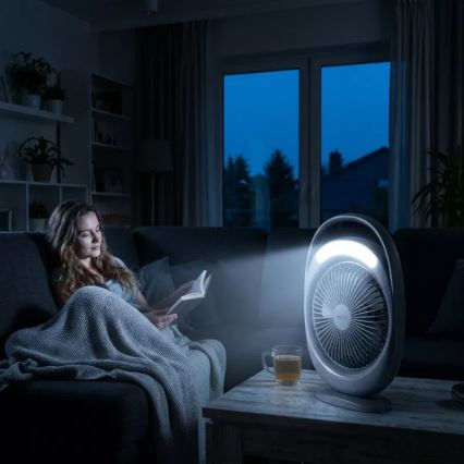 Ladattava LED-pöytätuuletin LED-valaistuksella LED/2,8W/5V USB 2400 mAh harmaa