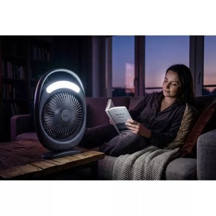 Ladattava LED-pöytätuuletin LED-valaistuksella LED/2,8W/5V USB 2400 mAh harmaa