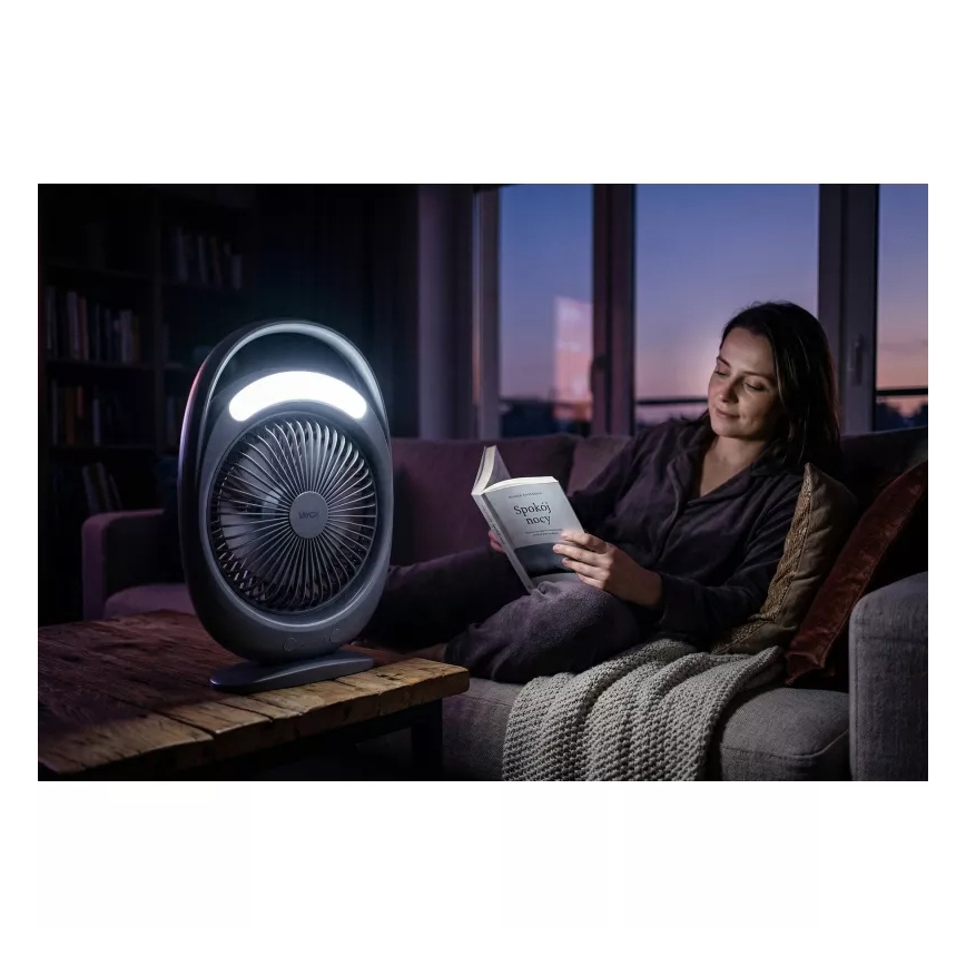 Ladattava LED-pöytätuuletin LED-valaistuksella LED/2,8W/5V USB 2400 mAh harmaa