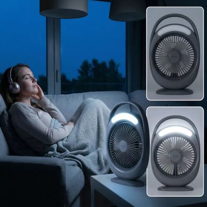Ladattava LED-pöytätuuletin LED-valaistuksella LED/2,8W/5V USB 2400 mAh harmaa