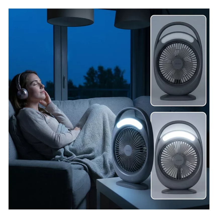 Ladattava LED-pöytätuuletin LED-valaistuksella LED/2,8W/5V USB 2400 mAh harmaa
