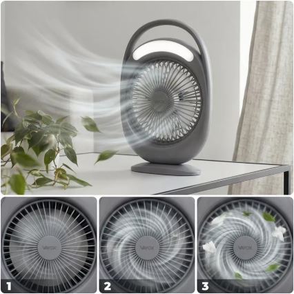 Ladattava LED-pöytätuuletin LED-valaistuksella LED/2,8W/5V USB 2400 mAh harmaa