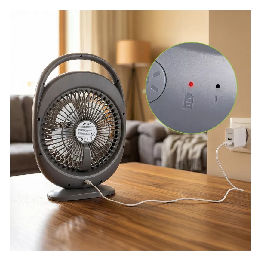 Ladattava LED-pöytätuuletin LED-valaistuksella LED/2,8W/5V USB 2400 mAh harmaa