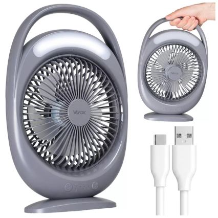 Ladattava LED-pöytätuuletin LED-valaistuksella LED/2,8W/5V USB 2400 mAh harmaa
