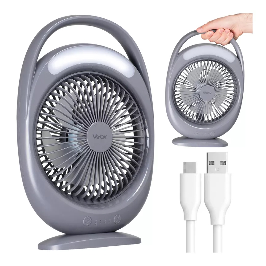 Ladattava LED-pöytätuuletin LED-valaistuksella LED/2,8W/5V USB 2400 mAh harmaa